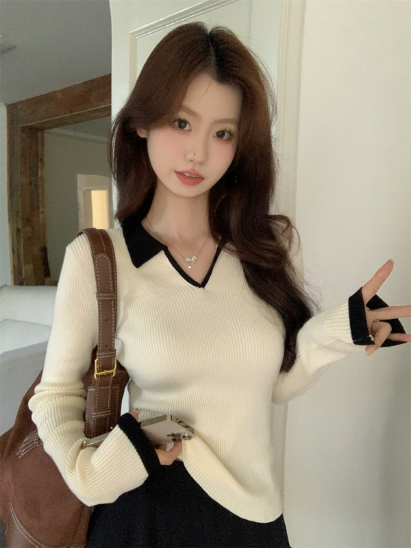 秋冬2025新款法式别致Polo领毛衣高级感内搭针织打底衫女上衣长袖|undefined