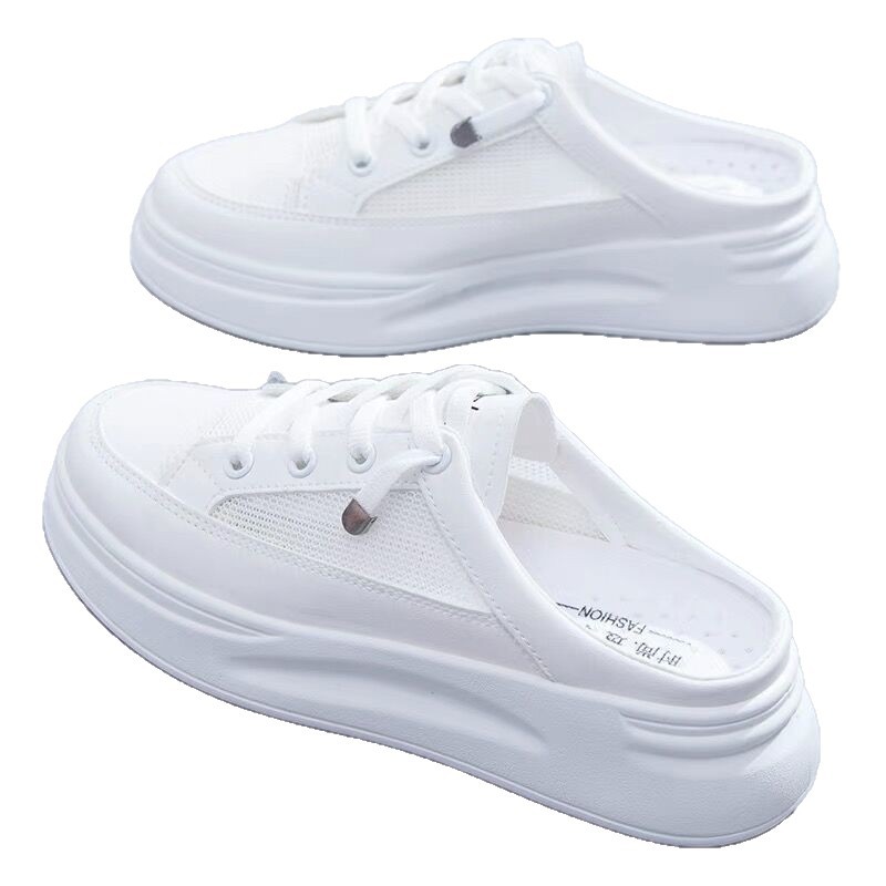 2025 primavera y verano nuevo estilo zapatos blancos zapatos de mujer suela gruesa ropa exterior zapatos casuales de malla sin tacón Baotou media pantufla mujer