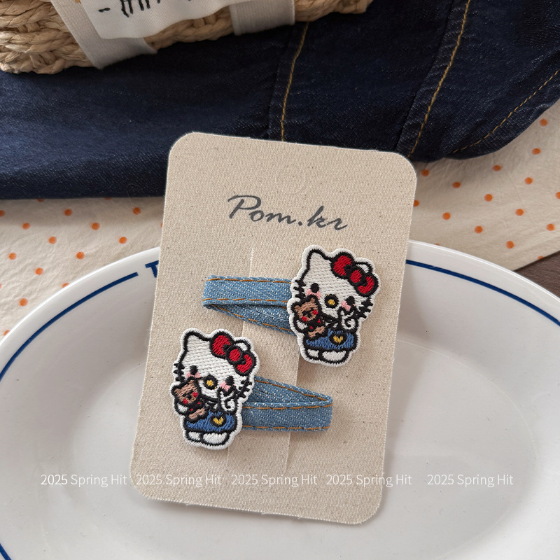 かわいい漫画の動物子供用ヘアクリップ KT 猫デニム前髪サイドクリップ刺繍女の子ヘアピンヘアアクセサリー|undefined