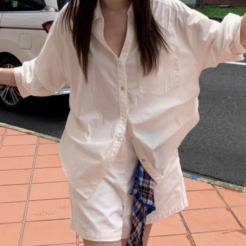 会凹造型的白衬衫秋季新款休闲百搭白色休闲翻领泡泡袖收腰衬衣女|undefined