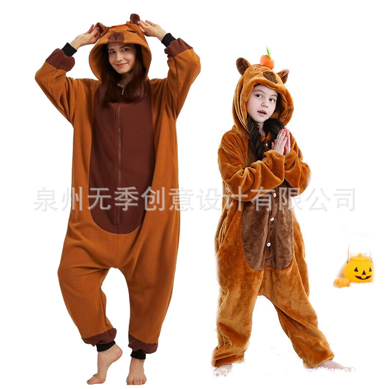 Cross-Border Strawberry Bear Cafe Cat Capibara Adult Cartoon Animal One-Piece Pajamas Children's Flannel Home Clothes