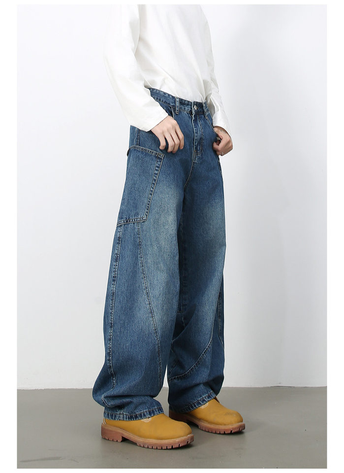 Quần jean nam ống rộng phong cách đường phố retro, nhiều túi hộp, dáng lỏng lẻo — Denim đen, Trắng, màu hồng, màu xanh chi tiết 33