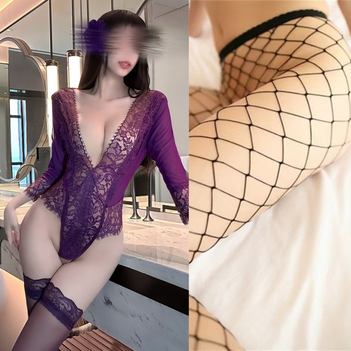 보라색(싱글 점프수트) + 블랙 라지 망사 스타킹