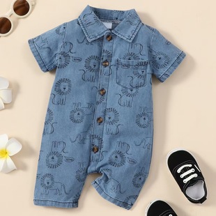 Foreign trade ins small and medium-sized children's boys summer lapel cartoon lion printing Denim one-in-one climbing clothes children's clothing factory
