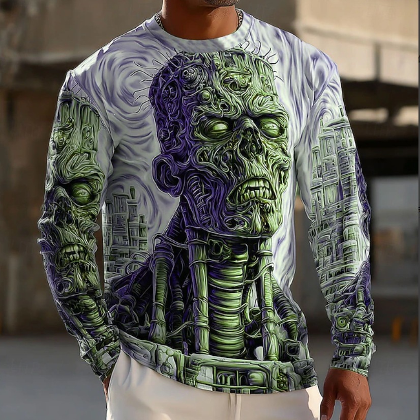 GMABCD Men's Skull Graphic Long-Sleeve T-Shirt – Halloween Print Crewneck - detail 4