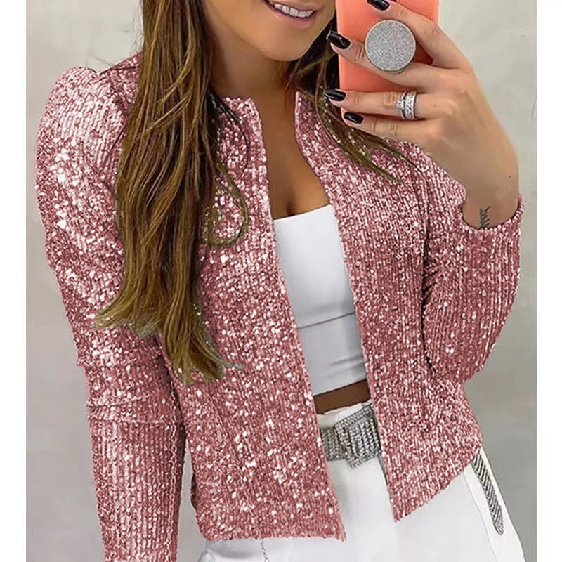 Chaqueta Corta de Mujer de Poliéster con Lentejuelas y Bloques de Color Casual