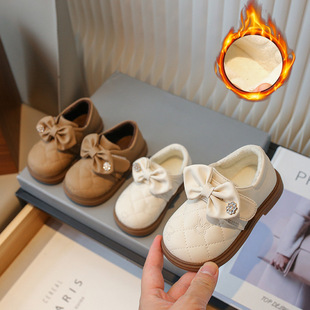 Girls' princess shoes autumn and winter New fleece-lined soft bottom little girl leather shoes square toe bow warm baby girl shoes