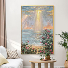 纯手绘油画日出玫瑰海岸风景玄关装饰画现代简约客厅立体肌理挂画
