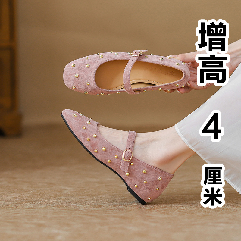 Rivet Square Toe Pumps 2025 New Korean Style French Ballet Evening Shoes with Increased Height Mary Jane Shoes Fashion