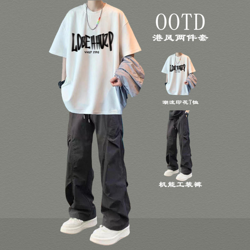 2026 New Men's Stylish Summer Outfit Two-Piece Trendy Set Cool Student Men's Short-Sleeve Long Pants Set