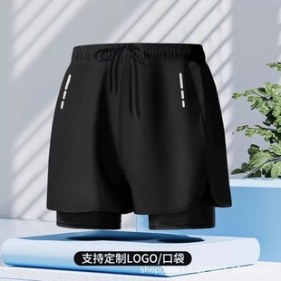 Pure Black Double-Layer Swimming Trunks for Men, Fake Two-Piece Anti-Embarrassment New Style Quick-Drying Large Size Boxer Swimsuit for Professional Hot Spring Bathing