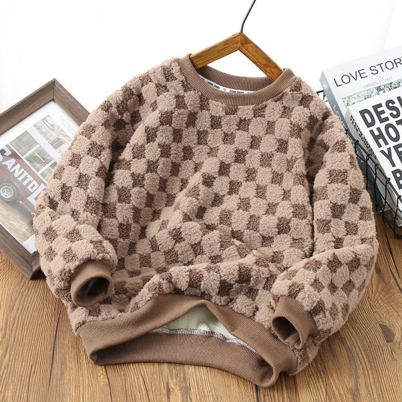 브라운 플러시 체크 무늬 스웨트셔츠