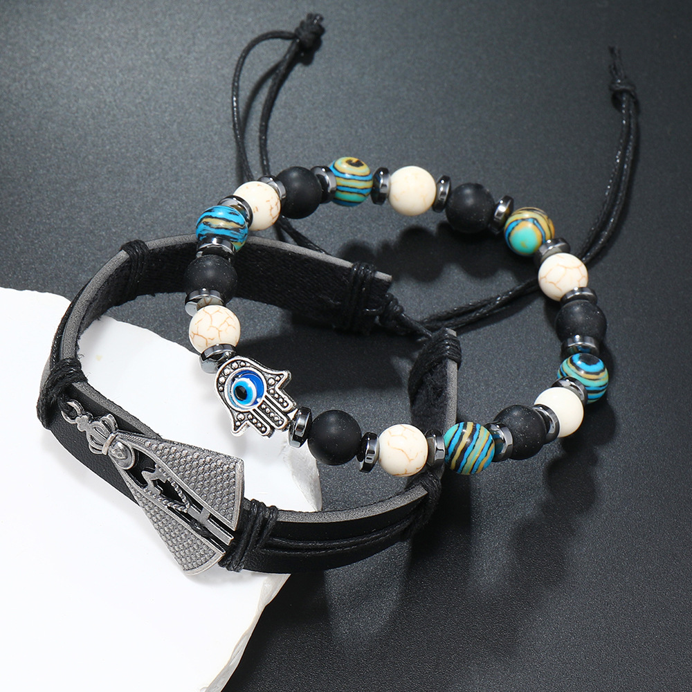 Retro Devil's Eye Palm Pu Leather Beaded Unisex Bracelets display picture 5