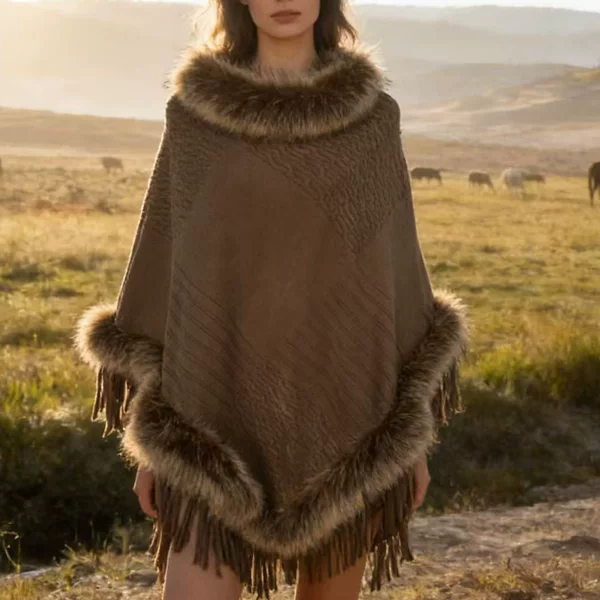 Imitation fox fur collar mid-length tassel cape shawl women's sweater coat loose-fit plus size irregular bat shirt