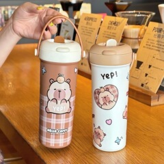 卡通手提真空保温杯卡爱卡皮巴拉不锈钢吸管杯双饮咖啡杯便携水杯