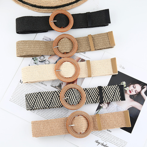 New Korean style cotton and linen PP straw woven belt for women with round square buckle dress gown decorative belt