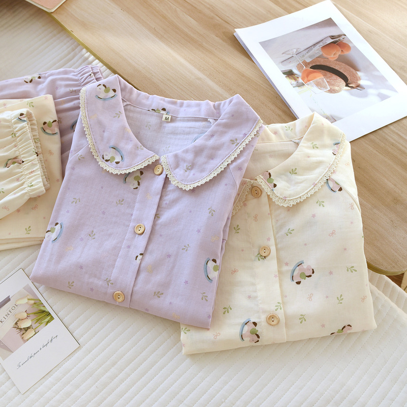 2026 Early Spring Pajamas Women's New Sweet Doll Collar Long Sleeve Trousers Pure Cotton Can Be Worn Outside Cartoon Pajamas Homewear