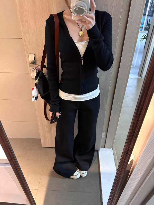 韩系黑色开衫假两件长袖T恤女早秋穿搭修身拉链显瘦纯欲薄款上衣|undefined