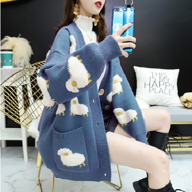 Cross-Border Export Sweater for Women in Autumn and Winter, Contrasting Color, Versatile Pocket Style, Cartoon Sheep Wool Sweater Jacket, Loose and Lazy for Women