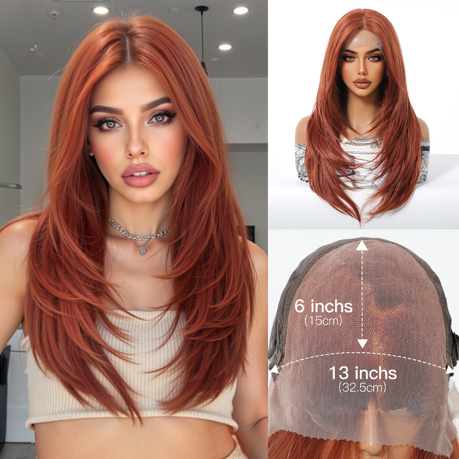 Peruca 13 * 6 gran área de encaje cubierta de cabeza marrón oscuro cabello largo medio cualquier costura exclusiva a través de la frontera