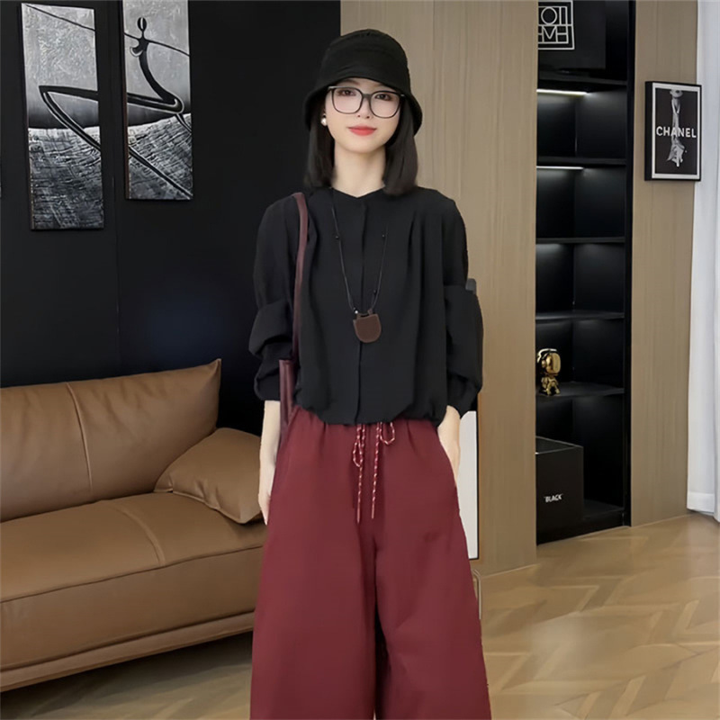 网红爆款时尚套装女2025春季新款法式灯笼袖显瘦衬衫哈伦裤两件套|undefined