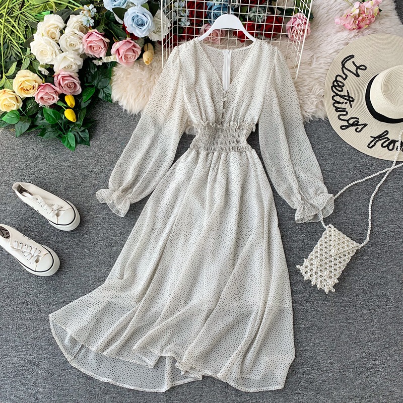 New French Style Long Sleeve Skirt Super Long Tight Waist Large Swing Wave Dot Chiffon dress Fairy Super Fairy Vintage Long Skirt