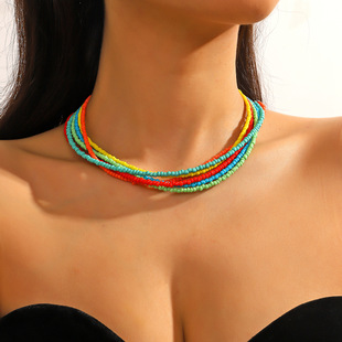 Cross-Border Jewelry Spring and Summer Multi-Color Rice Bead Beaded Necklace Set Colorful Summer Fashion Men and Women Solid Color Rice Bead Necklace