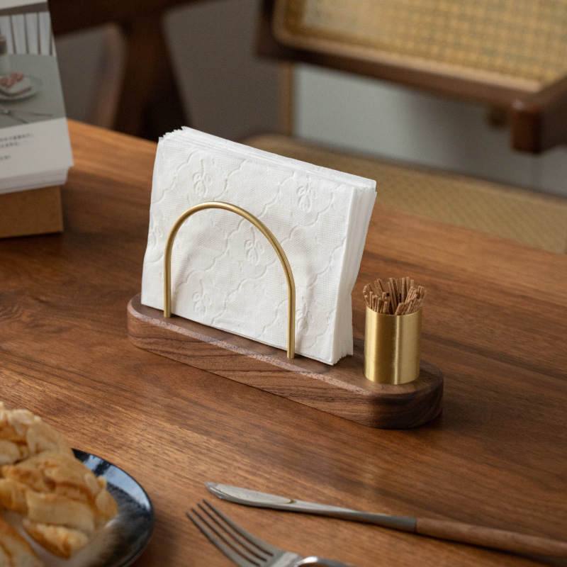 Creative Light Luxury Japanese Style Solid Wood Semicircular Brass Paper Towel Holder Dining Table Kitchen Paper Holder Desktop Vertical Paper Towel Holder