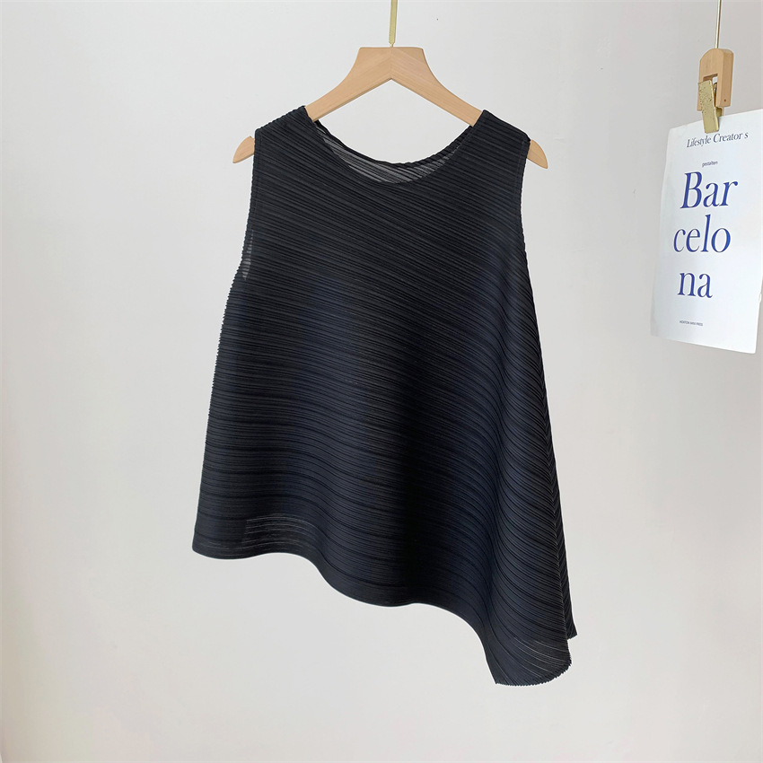 三宅流プリーツトップス レディース イレギュラーTシャツ ラウンドネック ノースリーブ ニッチ 快適 カジュアル ファッション 多用途