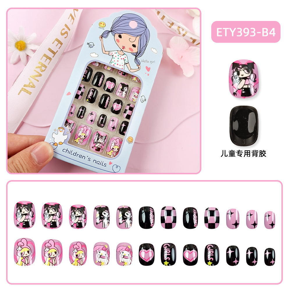 Uñas postizas adhesivas de moda para niños mayores, lindas pegatinas de uñas con dibujos animados, caja de 24 piezas de lindos parches de uñas. image 10