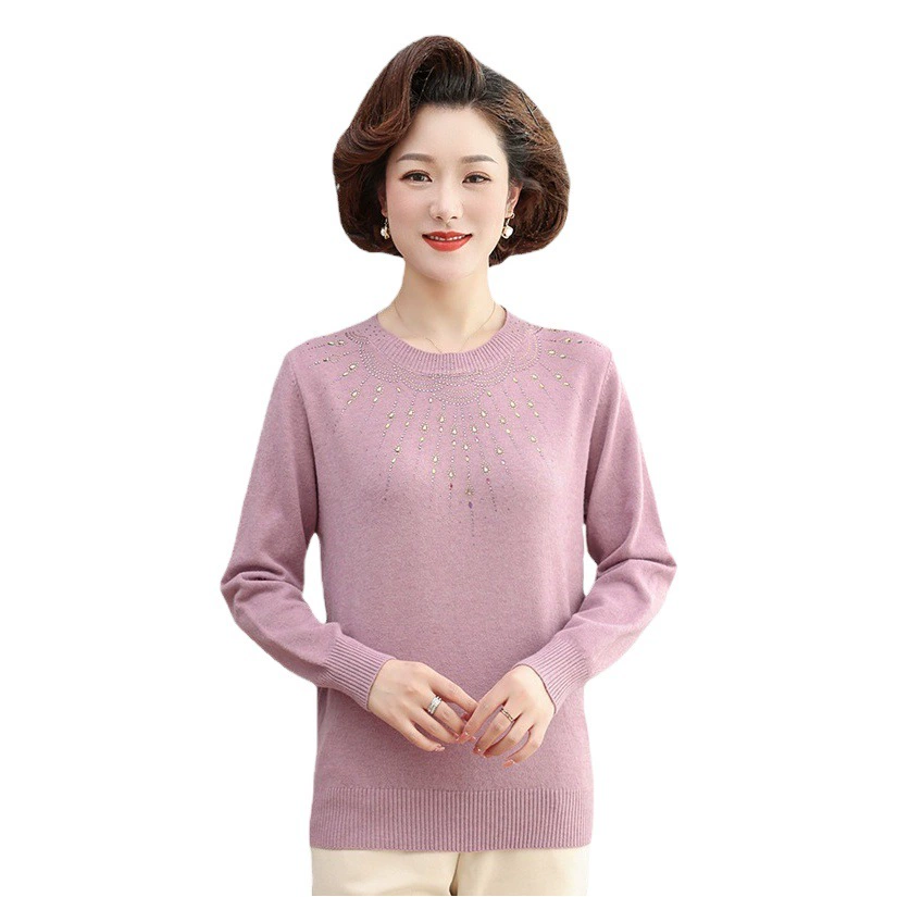 Новый осенний свитер 2024 года для мам среднего возраста, модный вязаный топ со стразами, свободная базовая рубашка для женщин среднего и пожилого возраста на весну и осень.