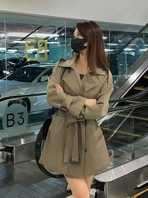 跨境军绿色短款风衣女2025春秋季新款英伦风韩系小个子修身风衣外|undefined