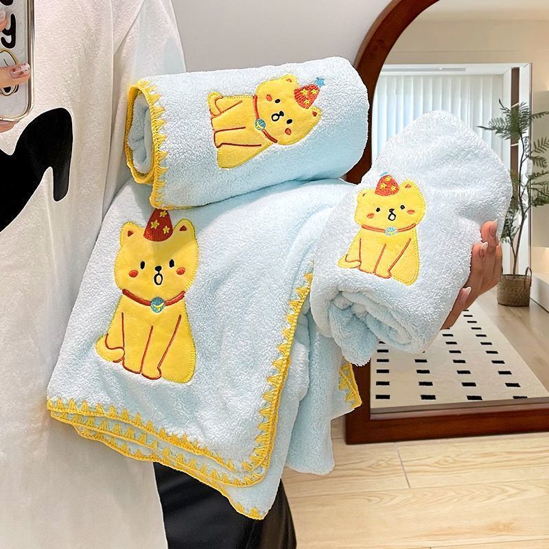 Cute Kitten Towel, Bath Towel, Shower Cap Three-Piece Set for Home Use, Coral Fleece Thickened Absorbent Bath Wrap Gift Set