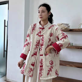 2025冬季新款文艺复古中长款提花棉服女立领夹棉短款宽松棉衣外套