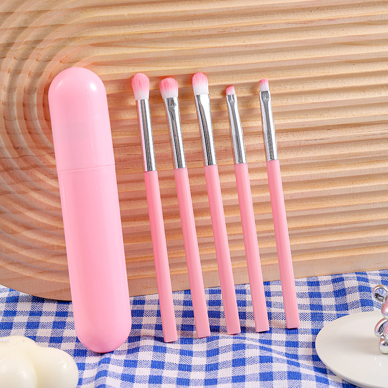 Macaron 5 conjuntos de cepillo de sombra de ojos, paquete de cepillo de maquillaje portátil azul 5 en 1, cepillo de alto brillo, cepillo de halo