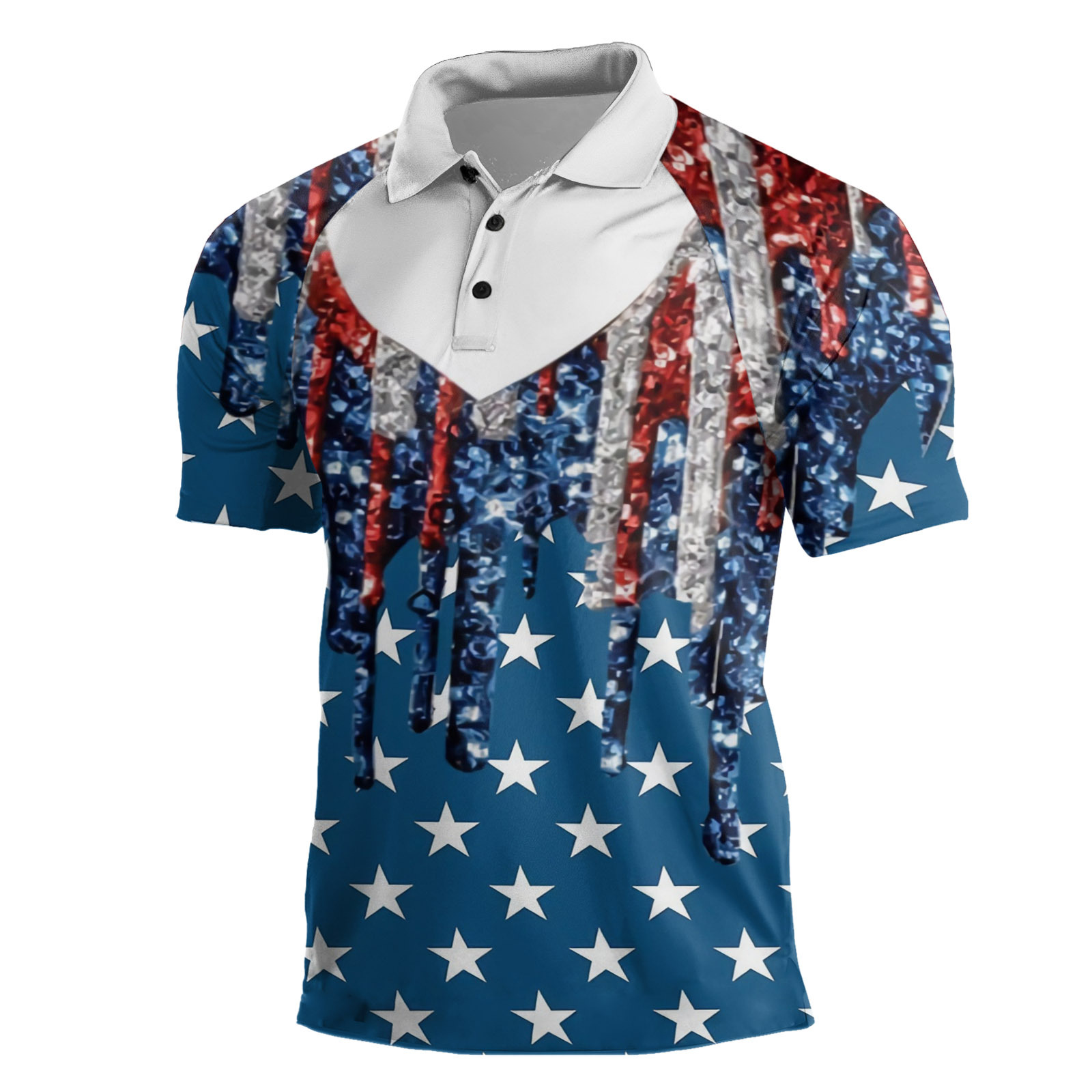 Cross-border Europa y América 2023 nuevos hombres casuales de manga corta Henry Independence Day Elements Camisa POLO raglán de tres botones para hombres