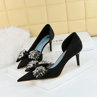 6168-AH3 Banquet Nightclub Slim Side Hollow Women's Shoes Shallow Mouth Pointed Rhinestone Bow High Heel Single Shoes