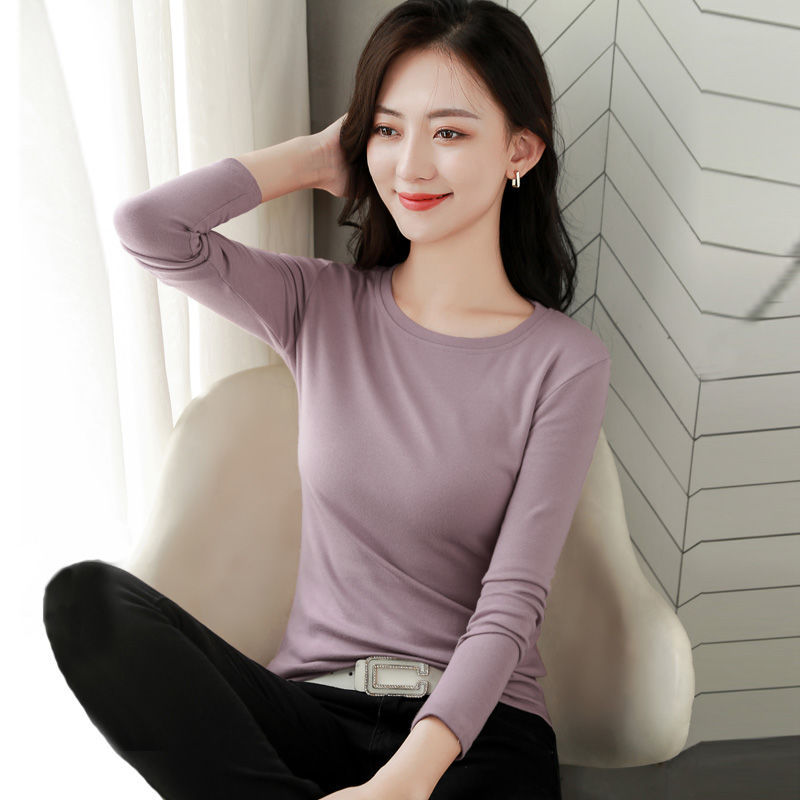 女性用ボトリングシャツ、秋冬スタイル韓国版2025新作スリムラウンドネック厚みのあるインナー黒長袖Tシャツトップ|undefined
