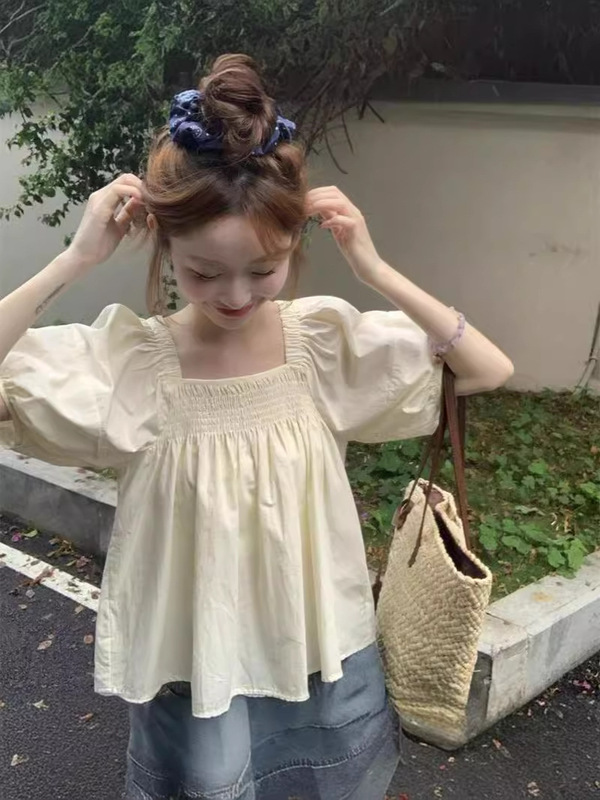 Super Fairy Solid Color Fresh Square Collar Short Sleeve Shirt Women's Summer College Style Doll Shirt Clavicle Puff Sleeve Short Top