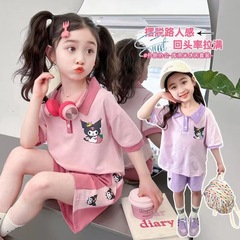 網紅女童韓版休閒夏裝套裝兒童2024新款洋氣卡通上衣短褲兩件套潮