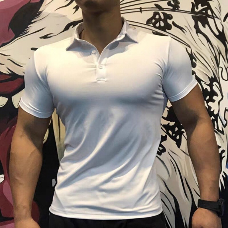 Summer Lapel Polo Shirt Short-sleeved Men's Gym Training Clothes Quick-drying Stretch Tight T-shirt Overalls