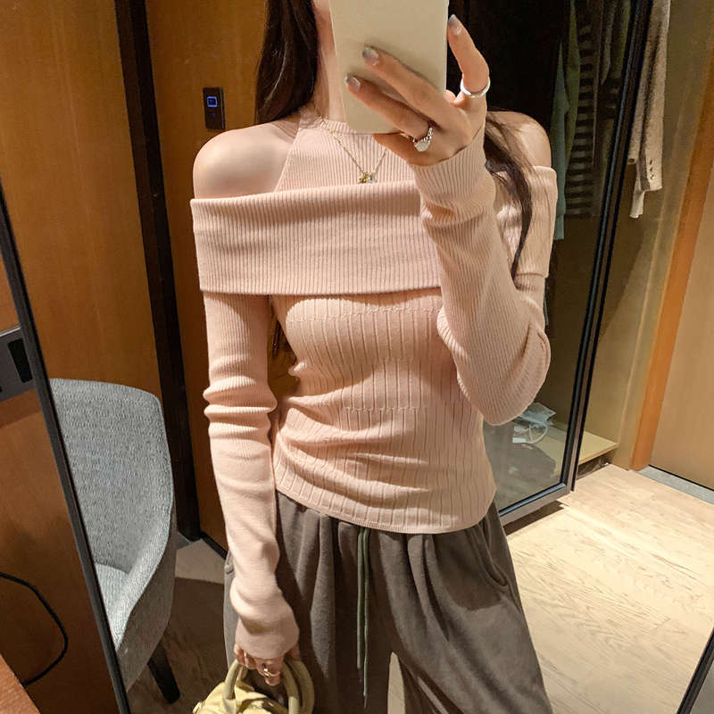 Unique Design Fake Two-Piece One-Shoulder Off-Shoulder Long-Sleeved Knitwear for Women 2025 New Autum Single Wear Top