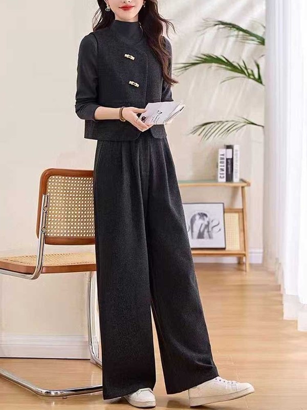 高级感气质马甲显瘦高腰阔腿裤三件套女2025春秋新款休闲时尚套装|undefined