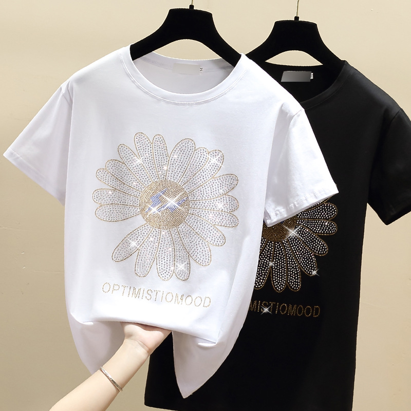 Women's Clothing Combed cotton ins heavy industry hot diamond loose t shirt women's short sleeves summer Internet celebrity Daisy large version sun_voghion.com