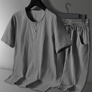 Summer Middle-Aged Men's Linen Short-Sleeve Loose Dad Summer Outfit for Middle-Aged and Elderly Dads Casual Cotton-Linen 5-Point Pants