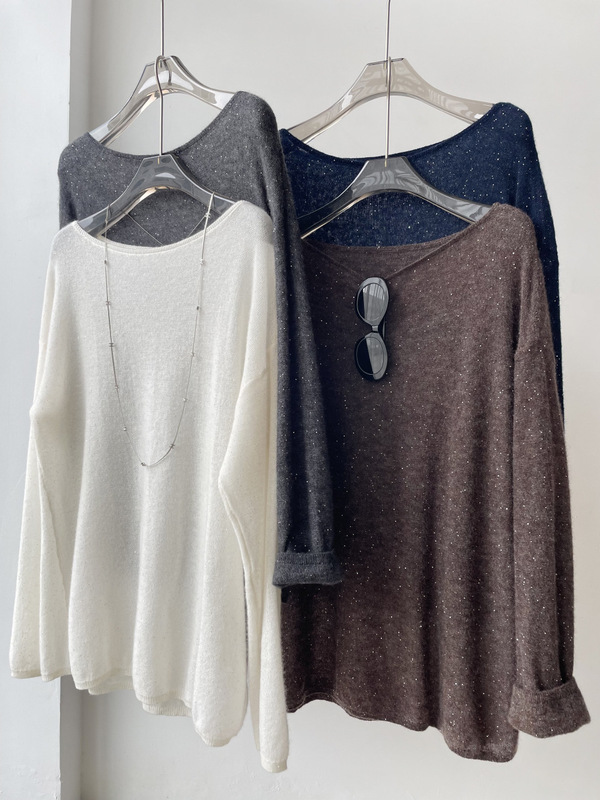 Galaxy Flow~Cashmere Sequin Yarn Off-The-Shoulder Top, Silk Wool Thin Sweater Knitwear for Women G091608