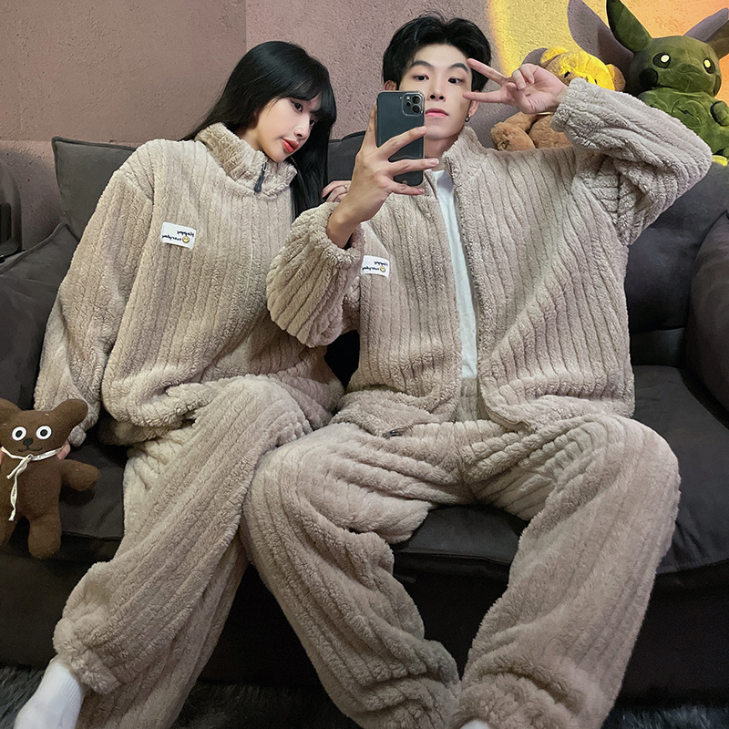 批发情侣睡衣女冬季珊瑚绒加绒加厚款 女士法兰绒男士家居服套装