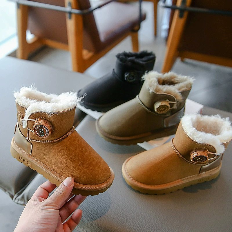 Детские вращающиеся пуговицы снежные сапоги зимой 2024 новые бархатные утолщенные водонепроницаемые сапоги для мальчиков