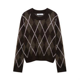 外贸2024欧美冬季新款时尚圆领长袖菱形格纹百搭针织衫女2756125