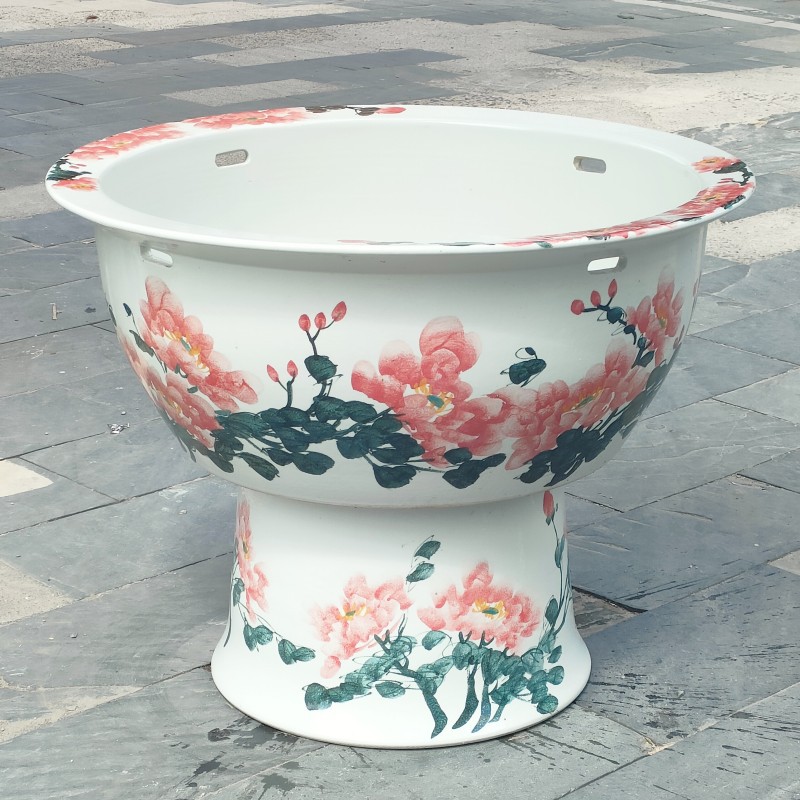 景德镇陶瓷手绘釉下彩牡丹花开富贵陶瓷立柱式养鱼缸假山造景鱼盆